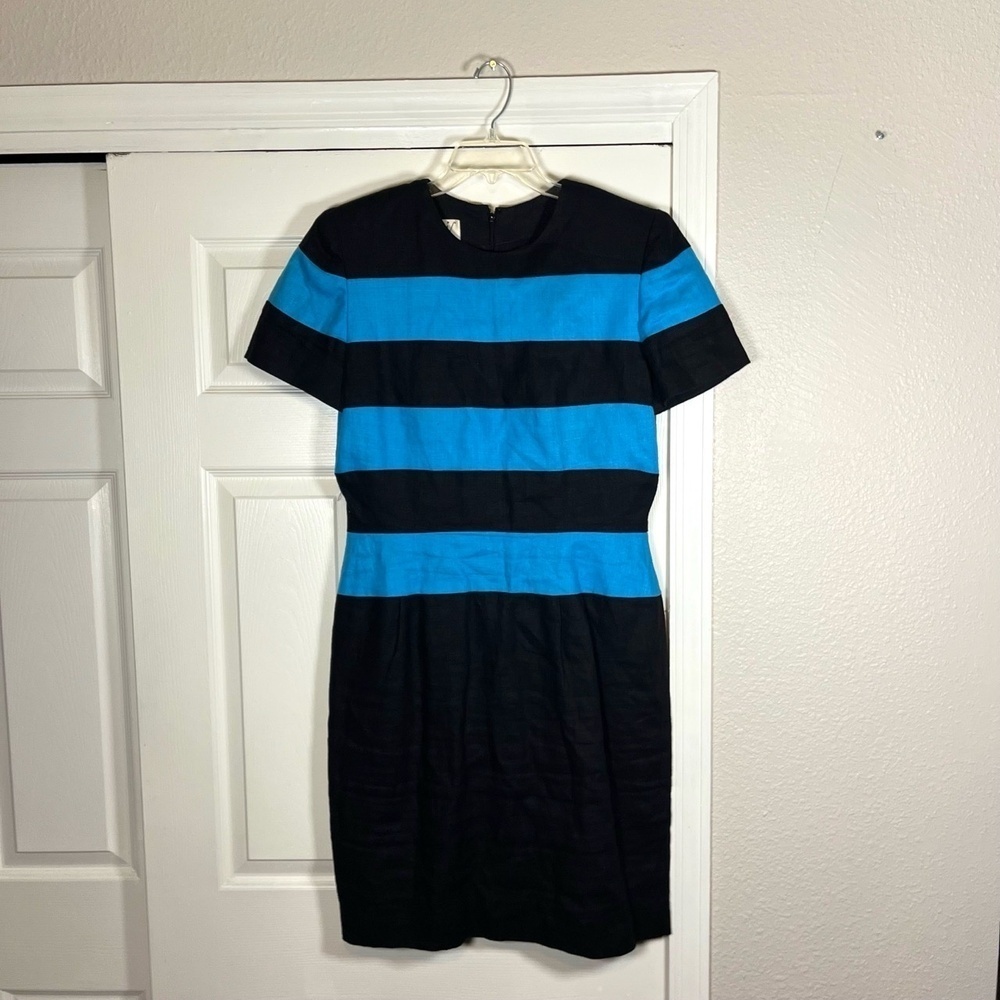 Arnold Scaasi Dress Vintage Womens 12 Striped 100% Linen Cocktail Evening Formal